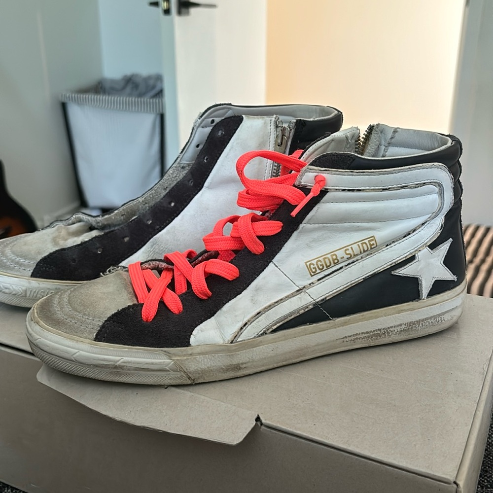 Golden Goose Black and White Sneakers with Red Laces